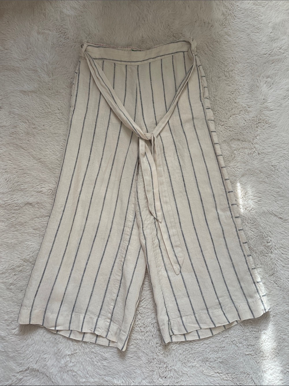 Anthropologie Cream Wide-Leg Striped Wrap Pants